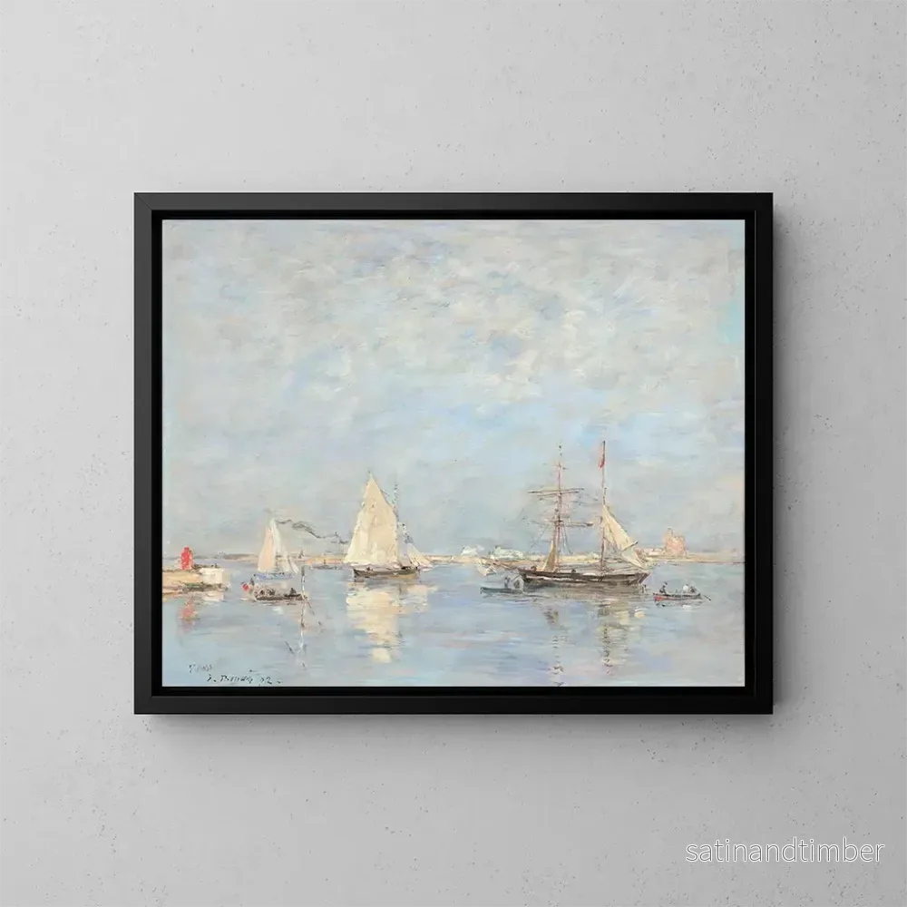 Reproduktion av målningen av utgången av båtar i Saint-Vaast-la-Hougue - Eugène Boudin