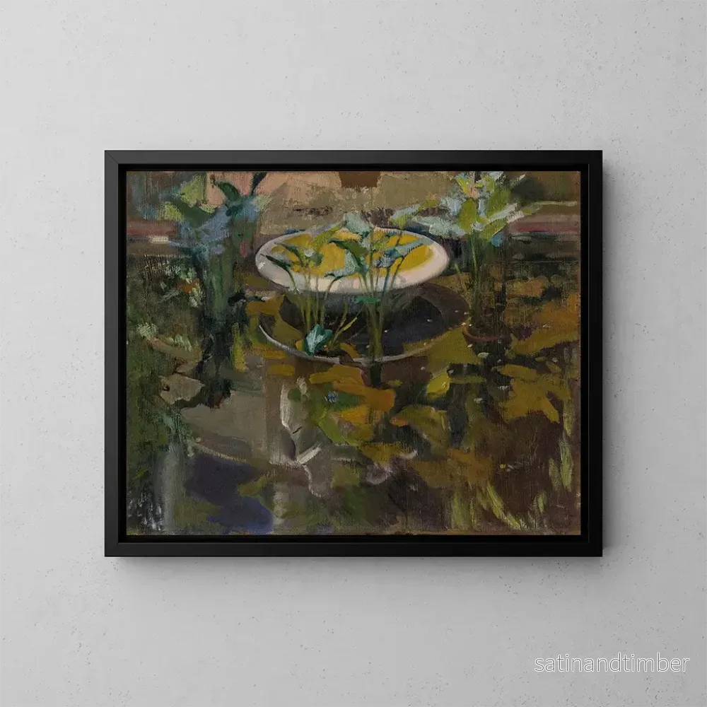 Reproduktion av målningen av trädgården i Casa Sorolla, reflektion i förtroendefontänen - Joaquín Sorolla