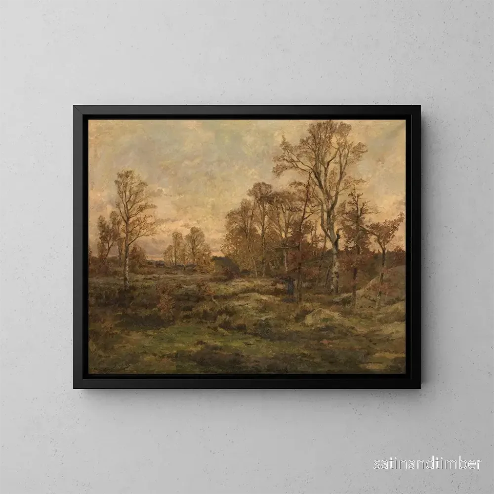 Reproduktion av målningen La forêt de Fontainebleau, soirée d'automne - Théodore Baron