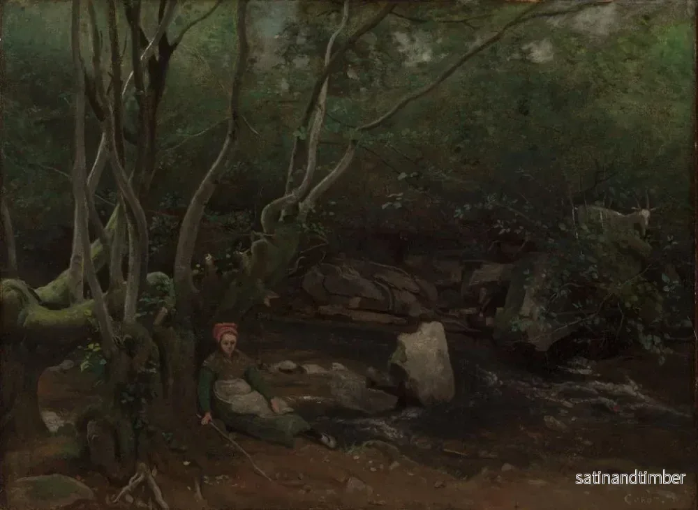 Reproduktion av målningen av en getflicka sittande bredvid en bäck i en skog - Jean-Baptiste-Camille Corot - Bild 2