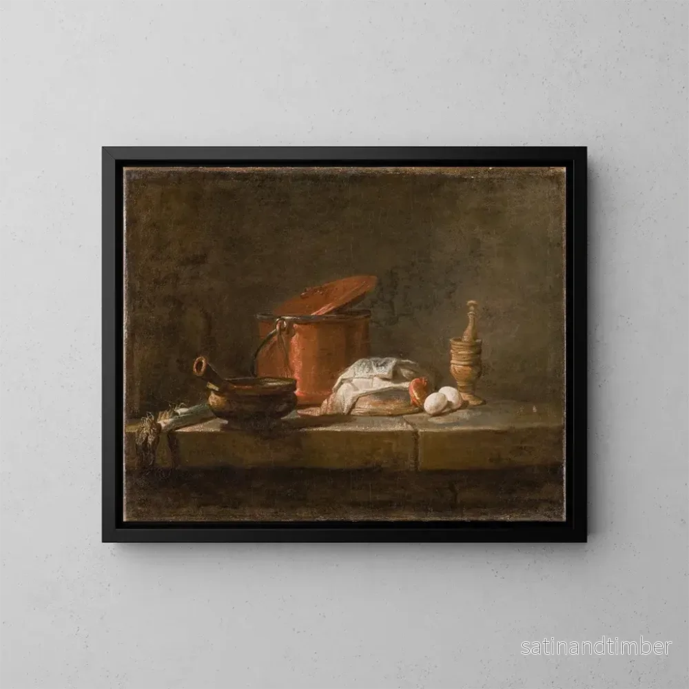 Reproduktion av målningen av stilleben med köksredskap och grönsaker - Jean Siméon Chardin