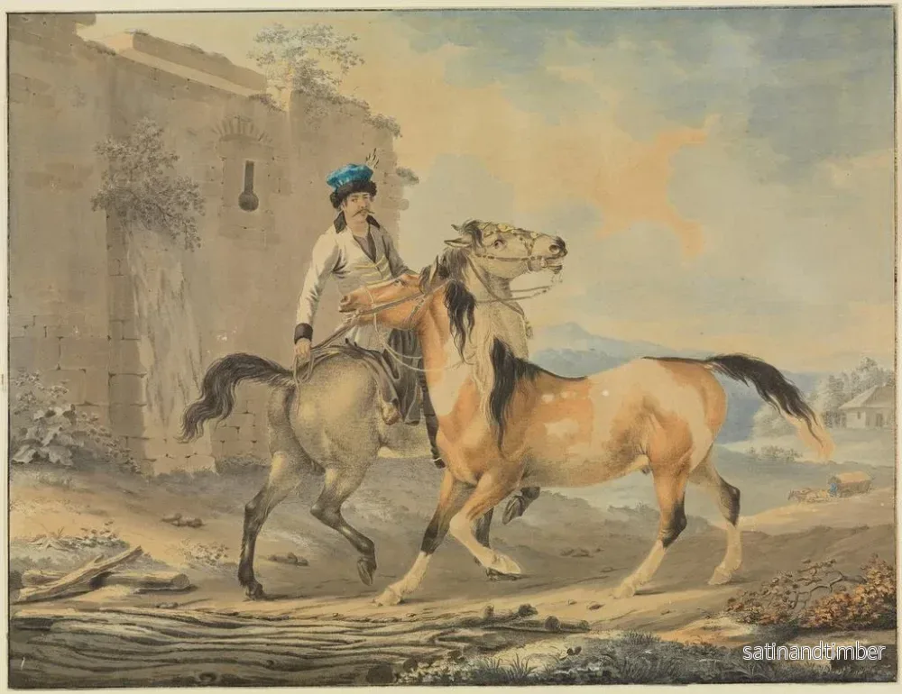 Reproduktion av målningen Turkiskt målning med två hästar framför en slottsruin - Johann Georg Pforr - Bild 2