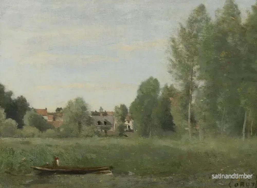 Reproduktion av målningen Omgivningar av Mantes, små bostäder gömda bland träden nära vattenkanten - Jean-Baptiste-Camille Corot - Bild 2