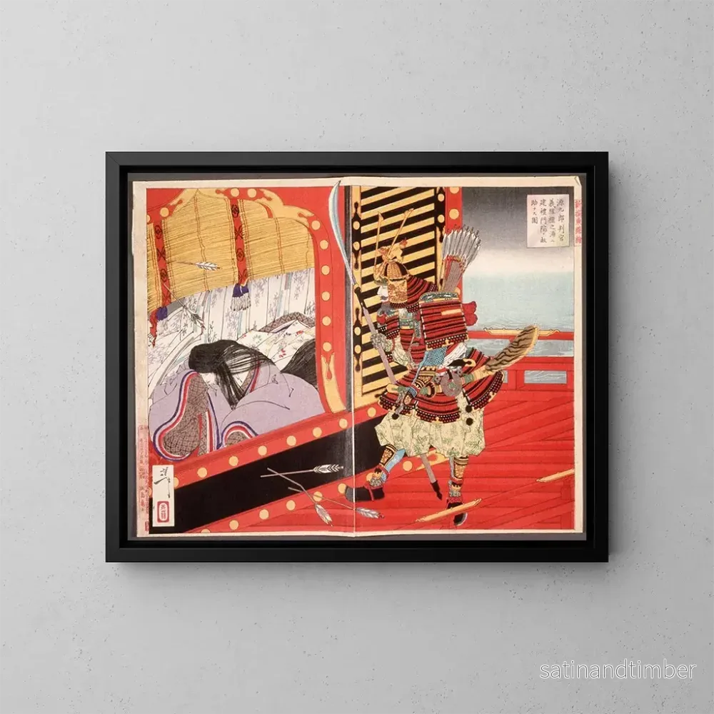 Reproduktion av målningen Minamoto no Yoshitsune som räddar Kenrei Monin under slaget vid Dannoura - Tsukioka Yoshitoshi