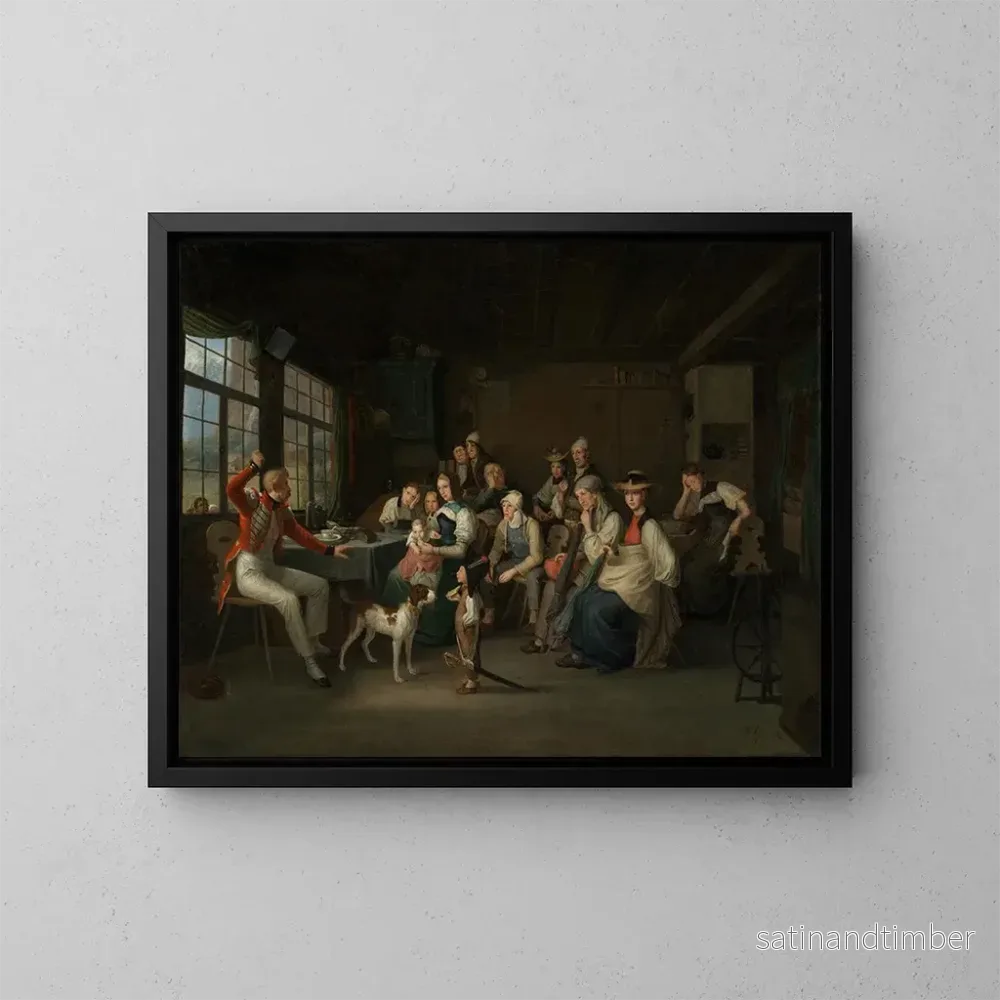 Reproduktion av målningen En schweizergardist berättar i sitt hemland om sina erfarenheter under Julirevolutionen i Paris 1830 – Johann Baptist Kirner Reproduktion av målningen En schweizergardist berättar i sitt hemland om sina erfarenheter under Julirevolutionen i Paris 1830 – Johann Baptist Kirner