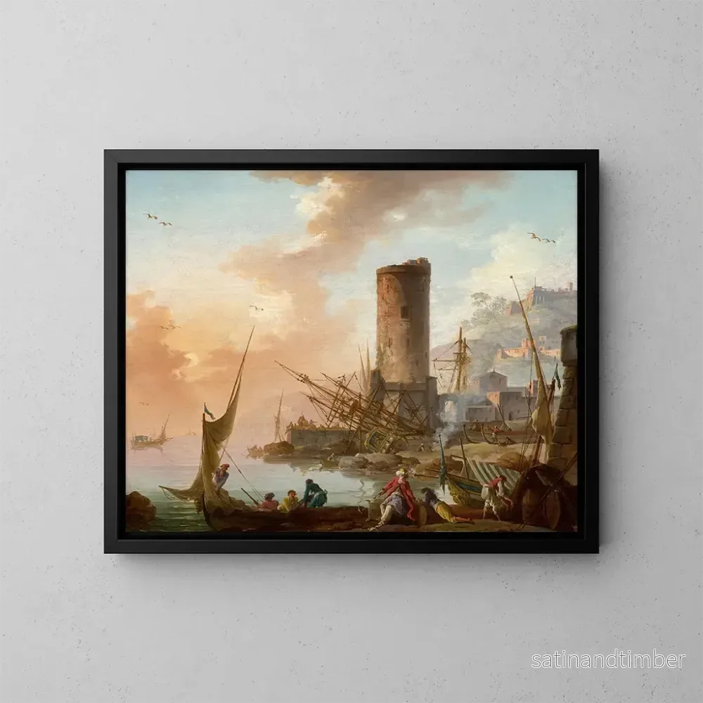 Reproduktion av målningen av den livliga medelhavshavsbukten med fiskare och levantinska köpmän på morgonen - Charles-François Lacroix