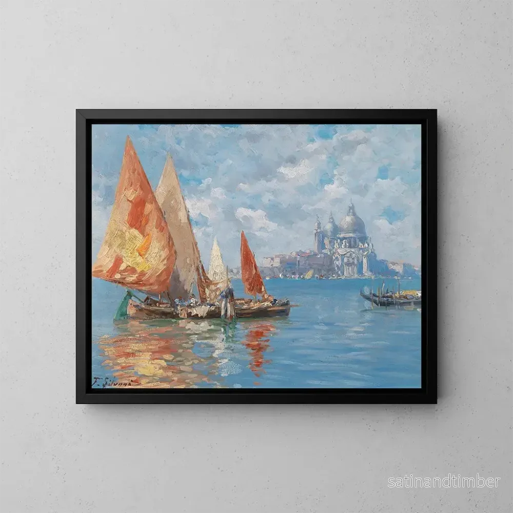 Reproduktion av målningen av Fiskebåtar i Venedig framför Santa Maria della Salute - Ferdinando Silvani
