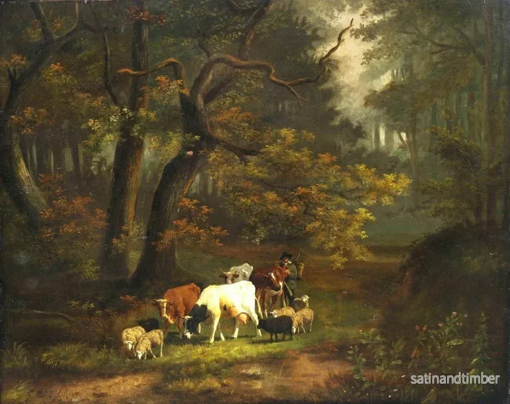 Reproduktion av målningen inomhus av skog med en liten ko och ett fårflock - Cornelis Johannes de Vogel - Bild 2