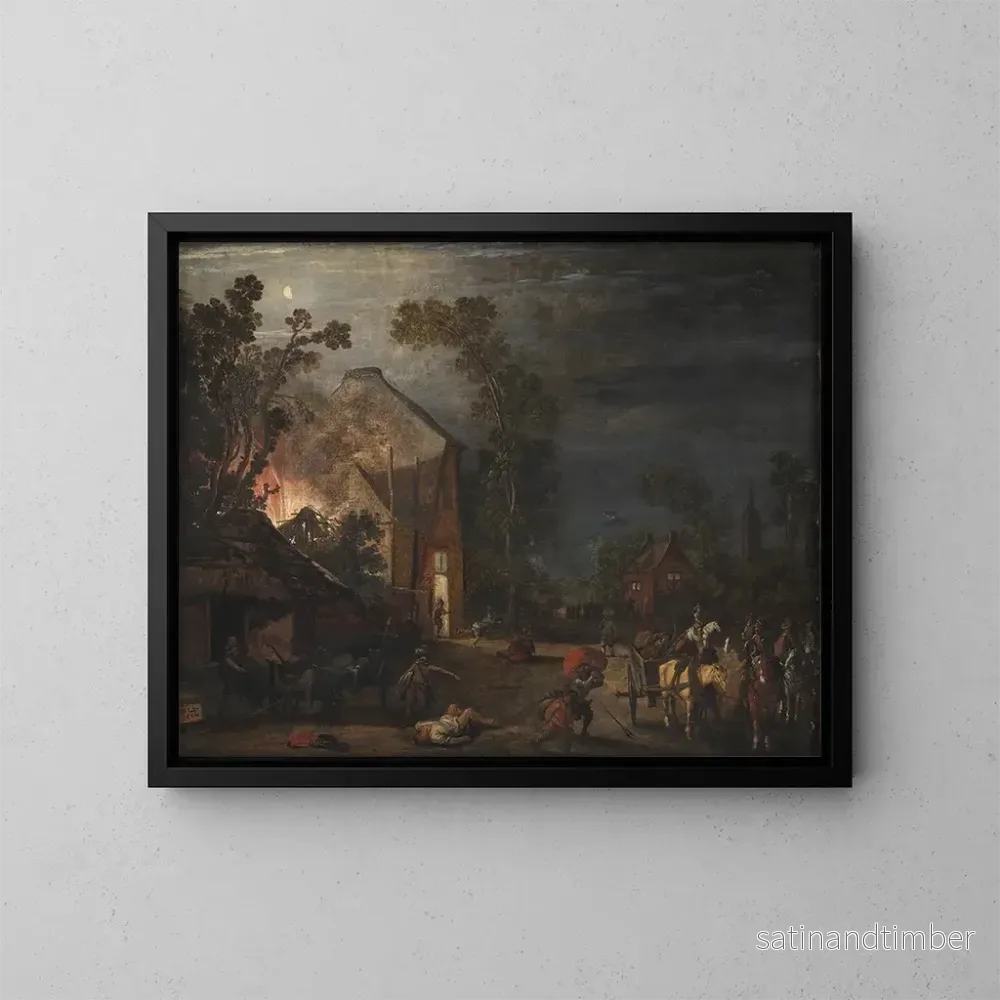 Reproduktion av målningen En by plundrad på natten - Esaias van de Velde