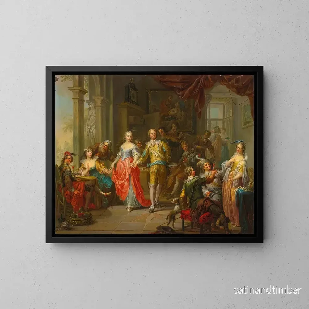 Reproduktion av målningen En elegant sällskap med figurer som spelar musikinstrument och festar i ett inomhusmiljö - Franz Christoph Janneck