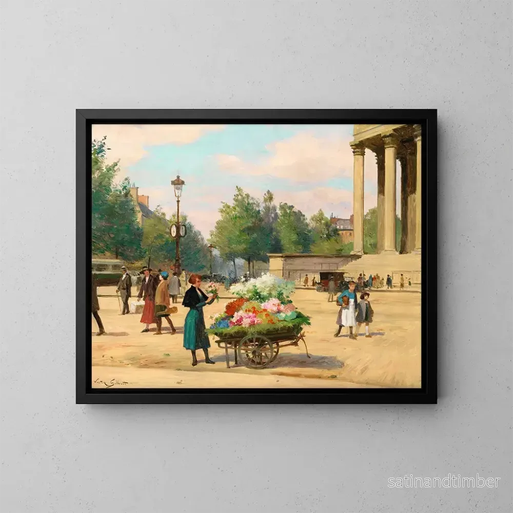Reproduktion av målningen Vendeuse de fleurs devant l'église de la Madeleine à Paris - Victor Gabriel Gilbert