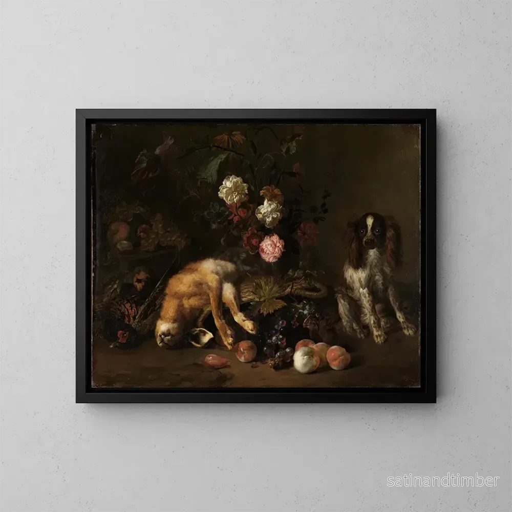 Reproduktion av målningen av stilleben med vilt, blommor, frukter och en spaniel - Nicolas de Largillière