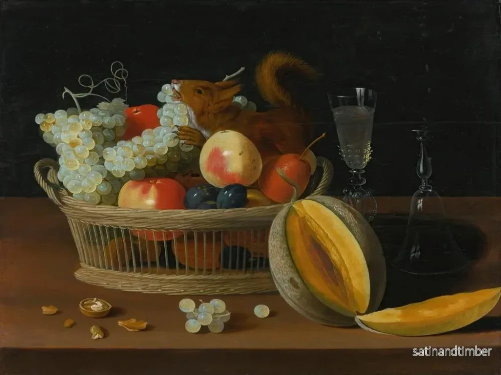 Reproduktion av målningen av still life med en fruktkorg, glasögon och en skuren melon på ett bord - Jacob Foppens van Es - Bild 2