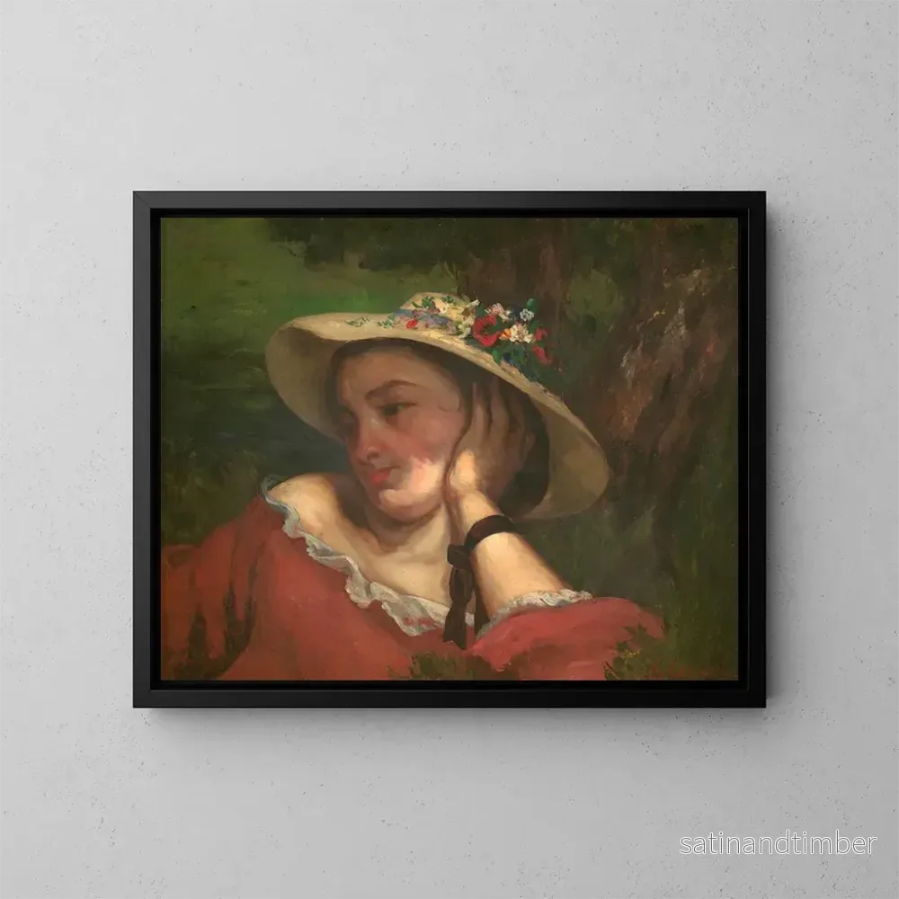 Reproduktion av målningen av en kvinna med blommor på sin hatt - Gustave Courbet
