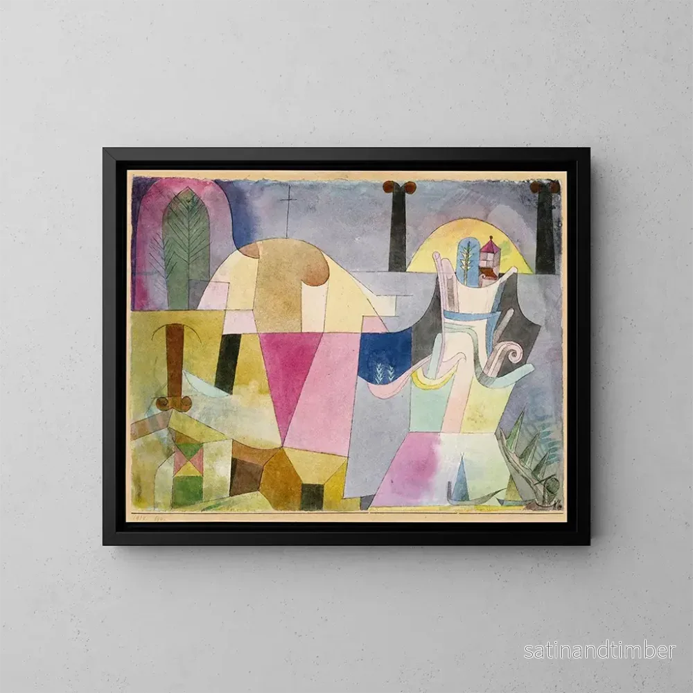 Reproduktion av målningen med svarta kolumner i ett landskap - Paul Klee