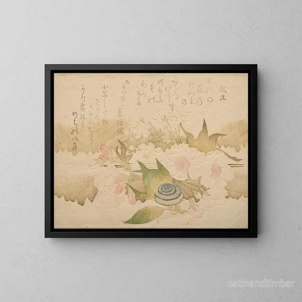 Reproduktion av målningen Poèmes du Nouvel An, escargot et fleurs de cerisier - Kubo Shunman