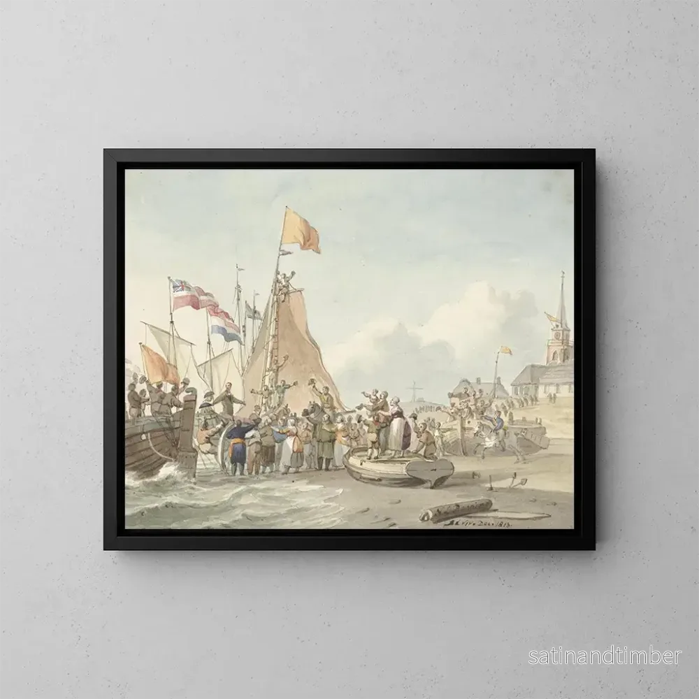 Reproduktion av målningen av ankomsten av prins Willem Frederik till Scheveningen, 30 november 1813 - Nicolaes Lodewick Penning