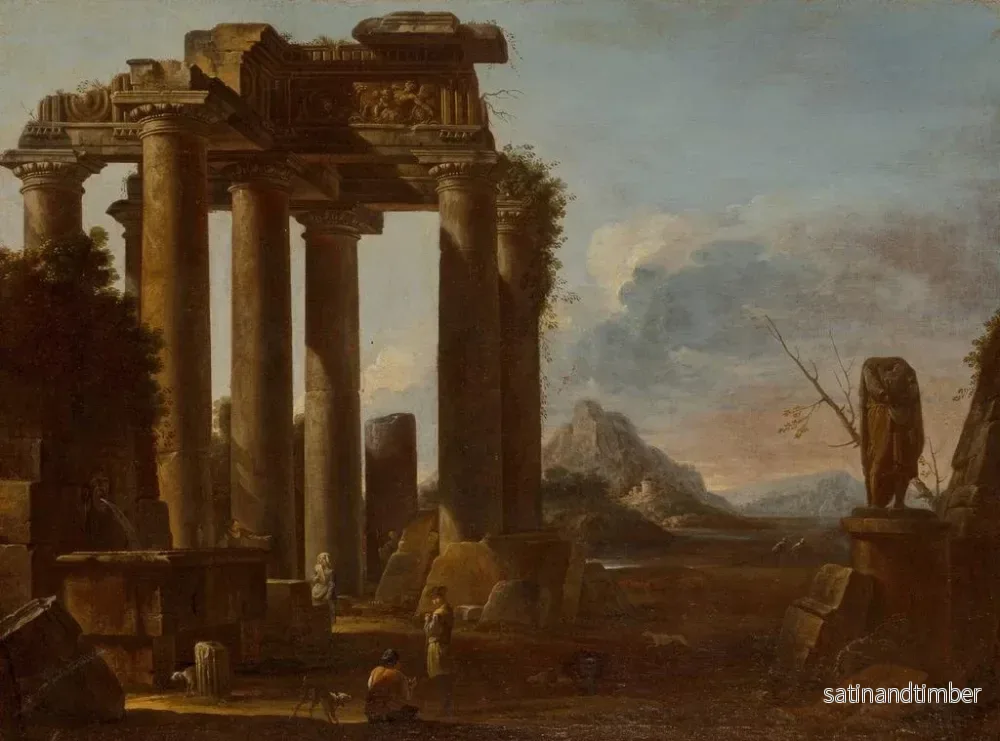 Reproduktion av målningen av ett klassiskt tempel i ruiner av toskanska ordningen med figurer - Giovanni Ghisolfi - Bild 2