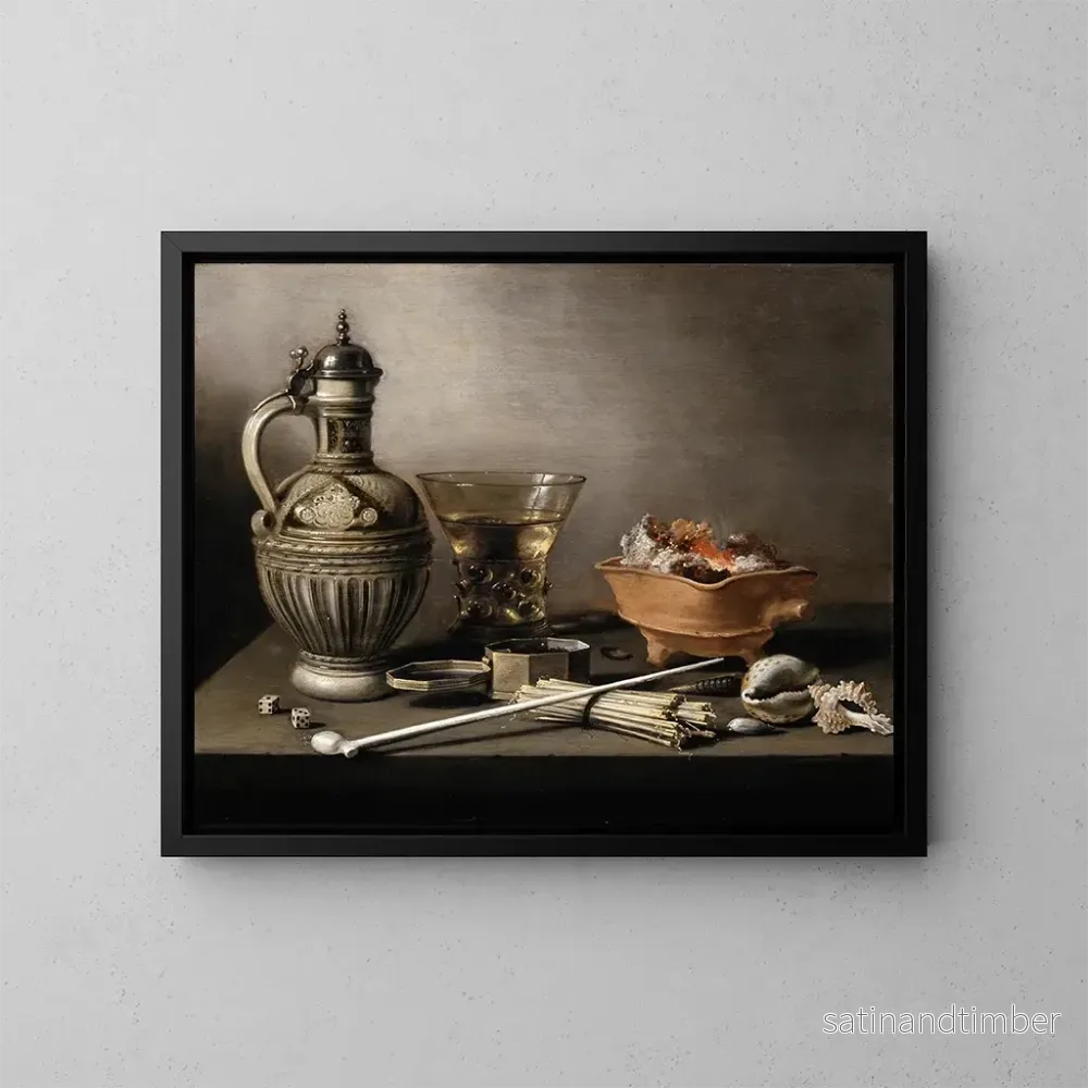 Reproduktion av målningen av still life med en keramikkruka, ett berkemeyer och rökverktyg - Pieter Claesz