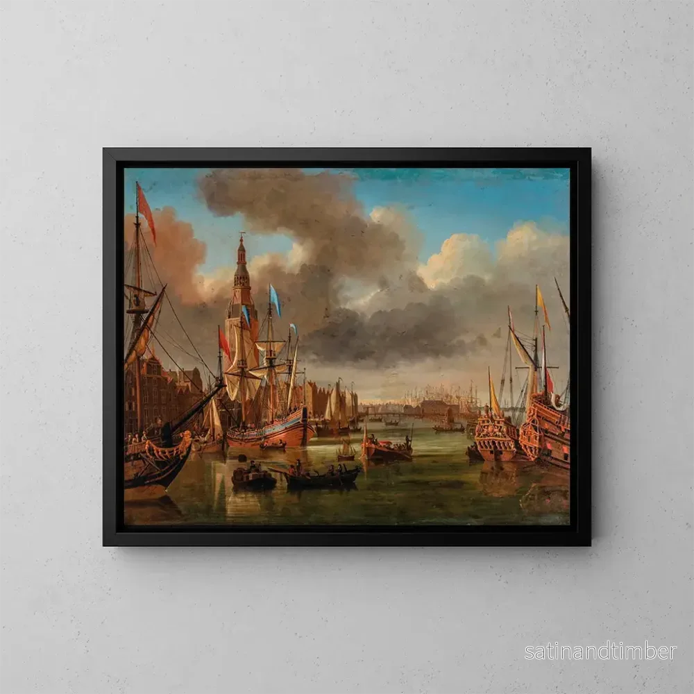 Reproduktion av målningen Vue de l’IJ à Amsterdam avec la Haringpakkerstoren et la Nieuwe Stadsherberg au loin – Jan Karel Donatus van Beecq Reproduktion av målningen Vue de l’IJ à Amsterdam avec la Haringpakkerstoren et la Nieuwe Stadsherberg au loin – Jan Karel Donatus van Beecq