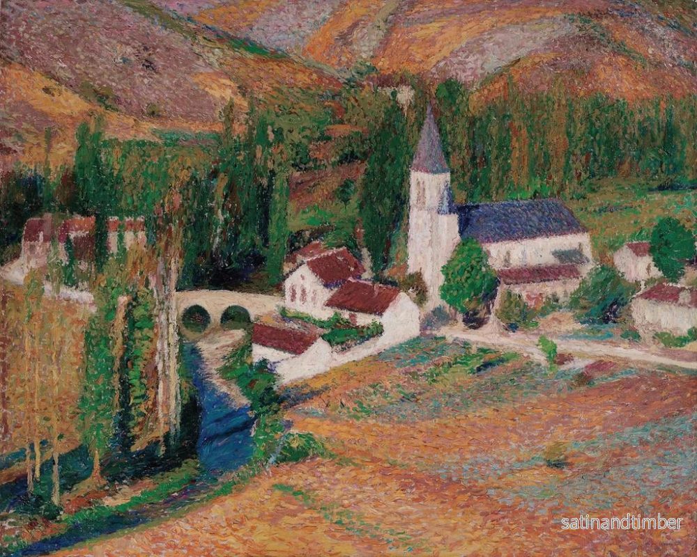 Reproduktion av målningen av Labastide-du-Verts kyrka med bron och floden en höstkväll - Henri Martin - Bild 2