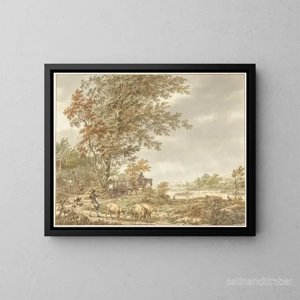 Reproduktion av målningen landskapsbild av kullar med en grisvakt och andra element, en flod i fjärran - Jacob Cats