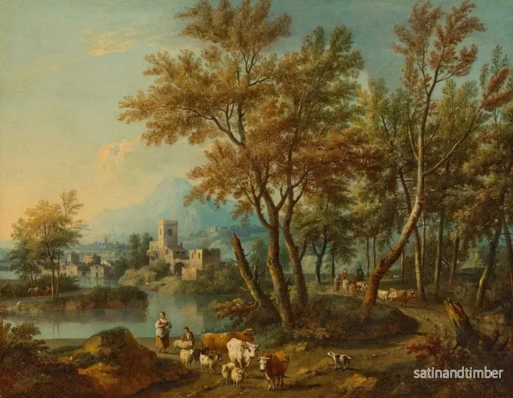 Reproduktion av målningen av ett italienskt landskap med utsikt över Gardasjön, en herde och en herdinna som vattnar sitt fårflock vid en flod - Giovanni Battista Cimaroli - Bild 2