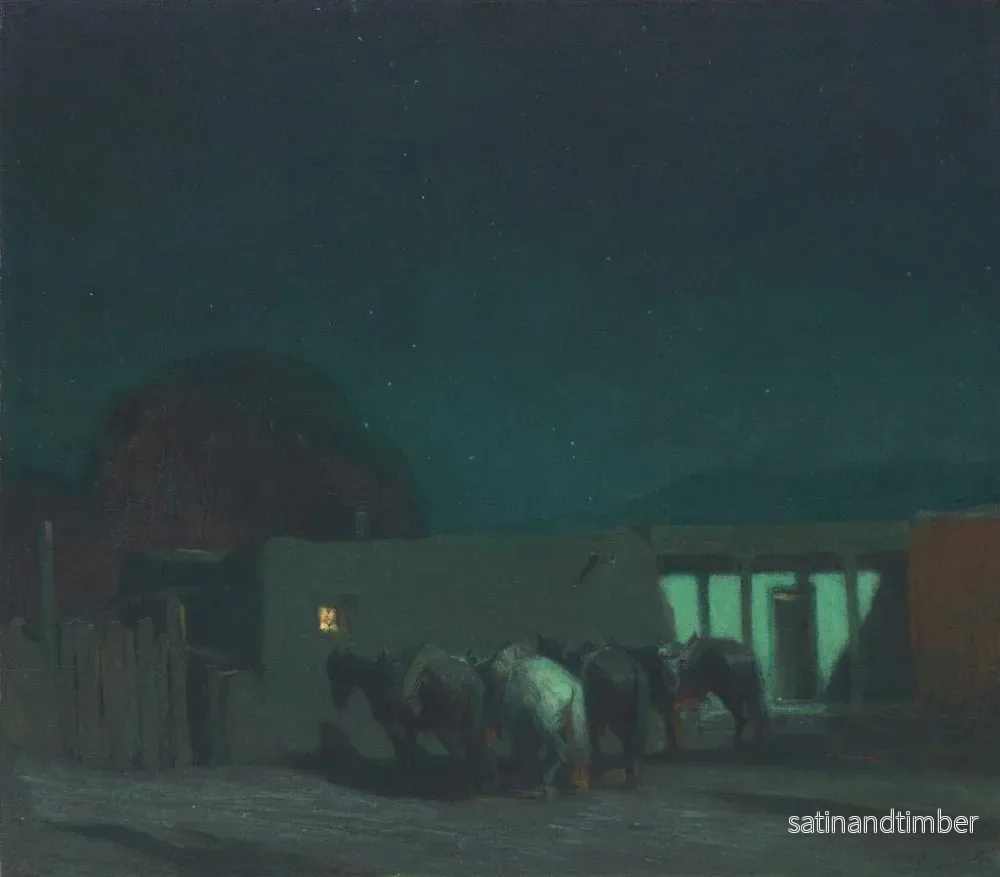 Reproduktion av målningen av hästar nära en adobe-byggnad i månljus - Oscar Edmund Berninghaus - Bild 2
