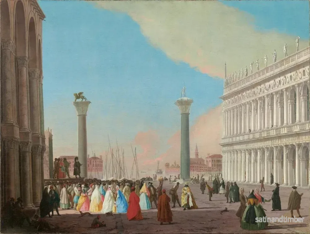 Reproduktion av målningen Venise, Piazzetta sett från söder från basilikan Saint-Marc med biblioteket och en folkmassa samlad för att bevittna en föreställning av Commedia dell'arte - Johann Richter - Bild 2