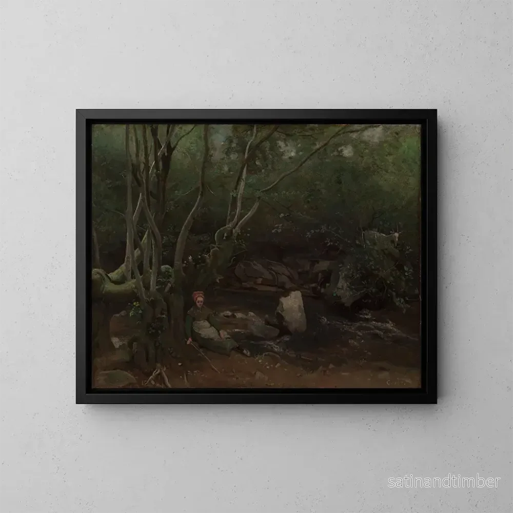 Reproduktion av målningen av en getflicka sittande bredvid en bäck i en skog - Jean-Baptiste-Camille Corot
