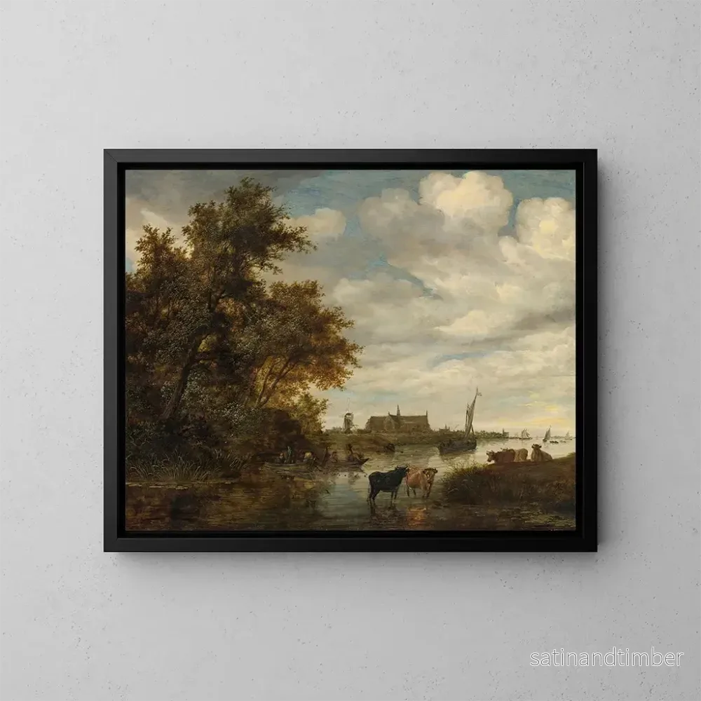 Reproduktion av målningen Landskapsflod med fiskare och boskap, Grote Kerk-kyrkan i Alkmaar i fjärran – Jacob Salomonsz van Ruysdael Reproduktion av målningen Landskapsflod med fiskare och boskap, Grote Kerk-kyrkan i Alkmaar i fjärran – Jacob Salomonsz van Ruysdael