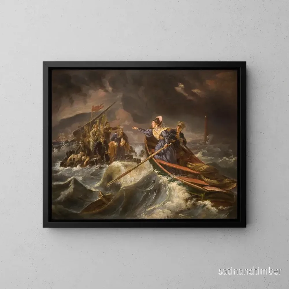 Reproduktion av målningen av Grace Darling och hennes far som räddar överlevande från förlisningen av Forfarshire på Farneöarna, 7 september 1838 – Charles Achille d’Hardiviller Reproduktion av målningen av Grace Darling och hennes far som räddar överlevande från förlisningen av Forfarshire på Farneöarna, 7 september 1838 – Charles Achille d’Hardiviller
