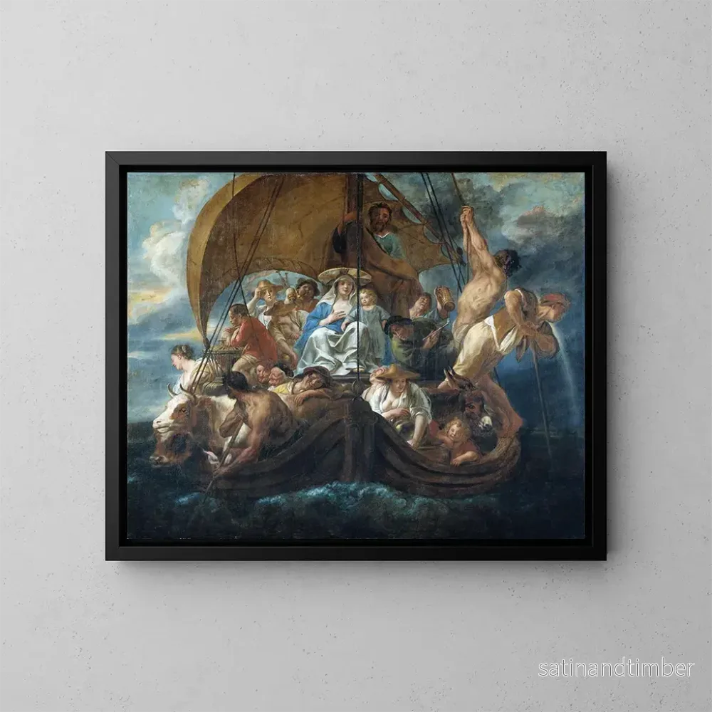 Reproduktion av målningen La Sainte Famille avec divers personnages et animaux dans une barque - Jacob Jordaens