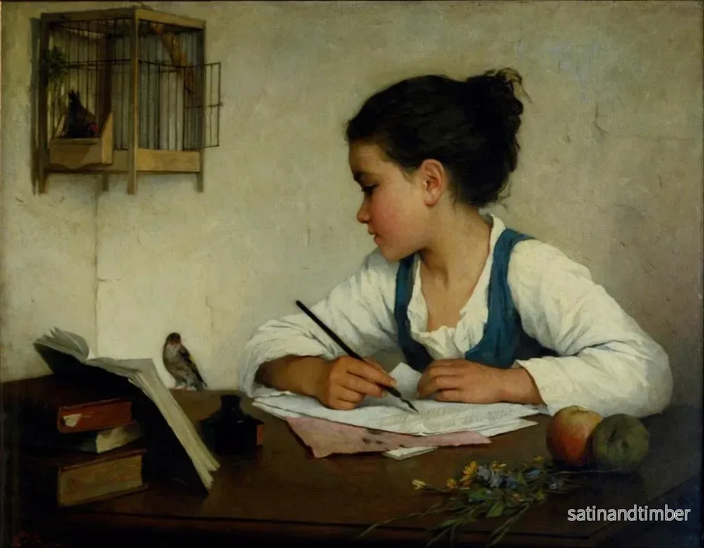 Reproduktion av målningen av en flicka som skriver på den gyldne fink - Henriette Browne - Bild 2
