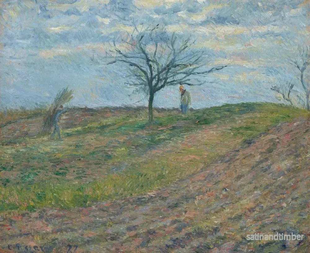Reproduktion av målningen av jordbruksmark på vintern med en man som bär en knippe - Camille Pissarro - Bild 2