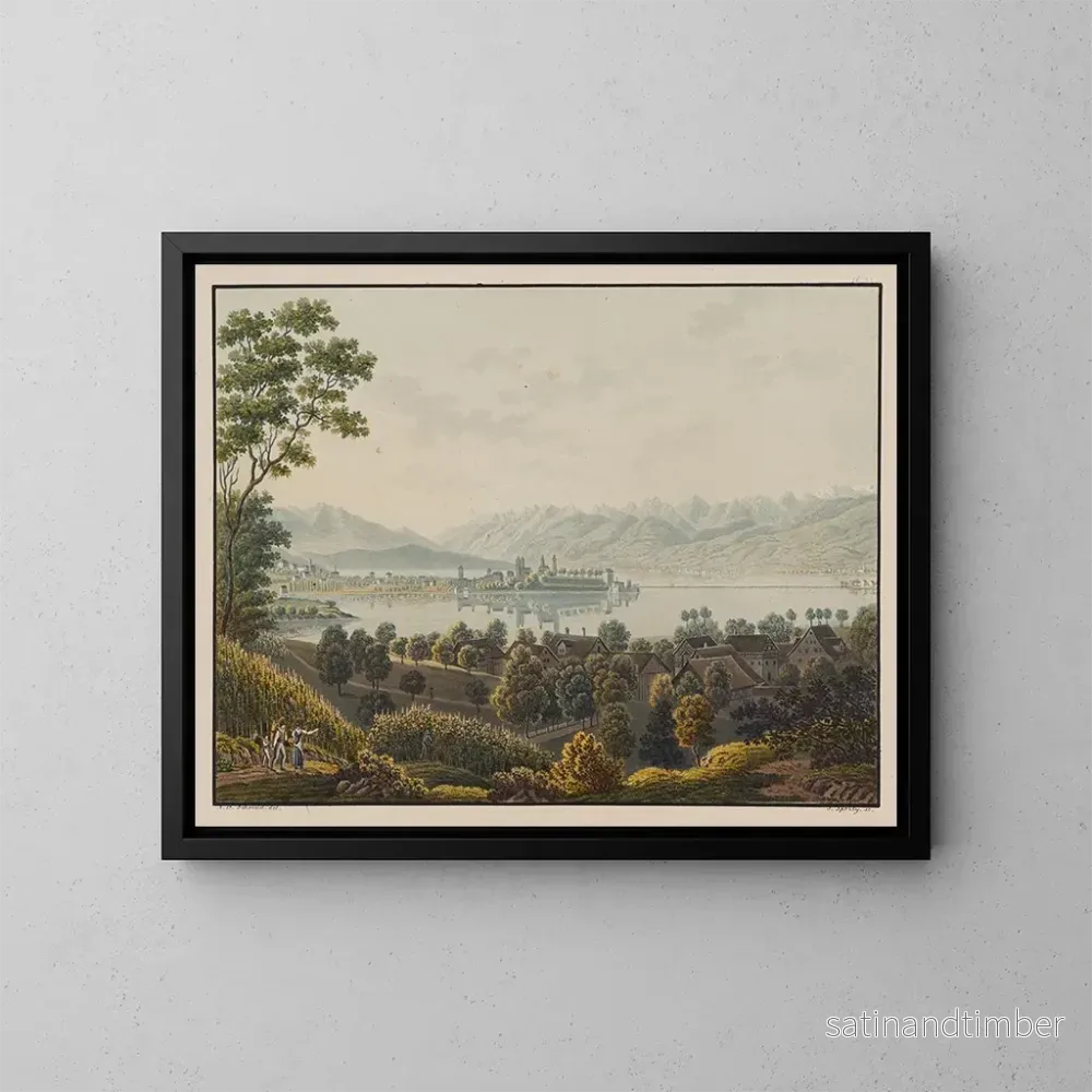 Reproduktion av målningen Vue de Rapperswil vers Lachen, lac de Zurich - David Alois Schmid