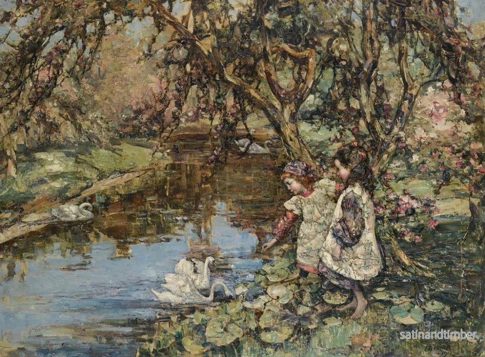 Reproduktion av målningen av att mata svanarna - Edward Atkinson Hornel - Bild 2