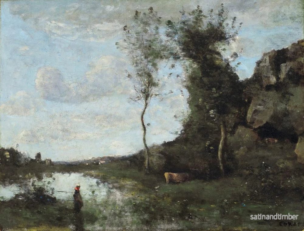 Reproduktion av målningen En bonde och hennes ko, dammen med en by i sikte - Jean-Baptiste-Camille Corot - Bild 2