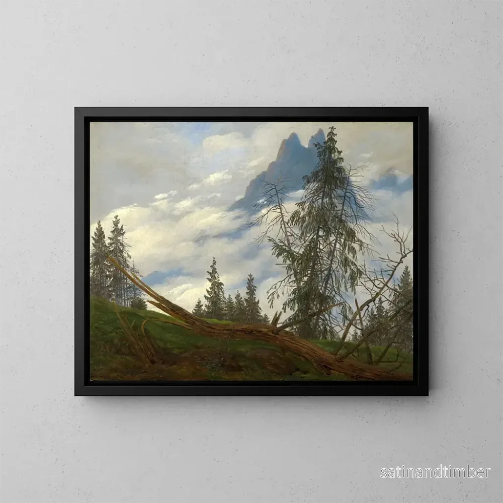 Reproduktion av målningen av bergstopp med flytande moln - Caspar David Friedrich