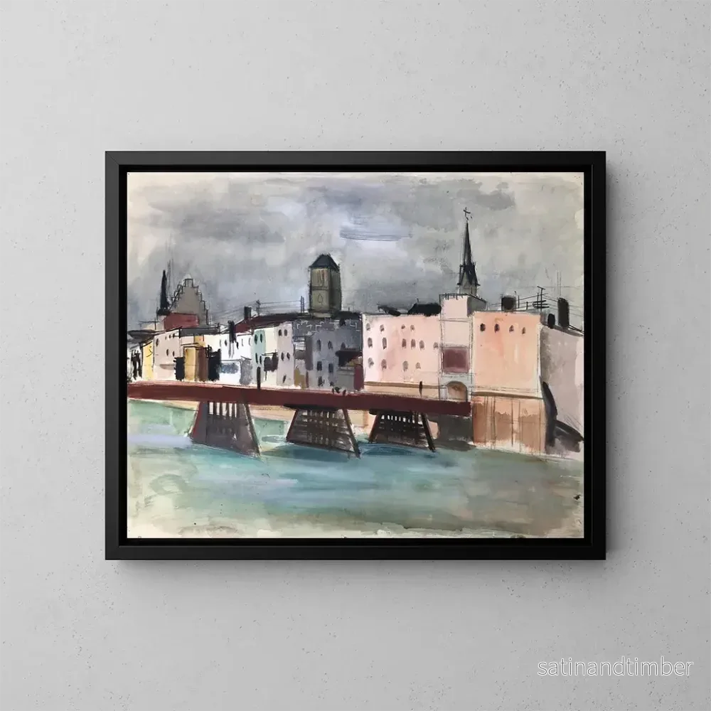 Reproduktion av målningen Wasserburg am Inn sedd från vattnet med Inn-bron - Otto Geigenberger