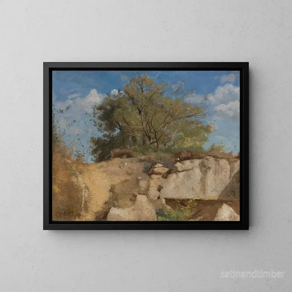 Reproduktion av målningen Fontainebleau, sommet de carrière boisée - Jean-Baptiste-Camille Corot