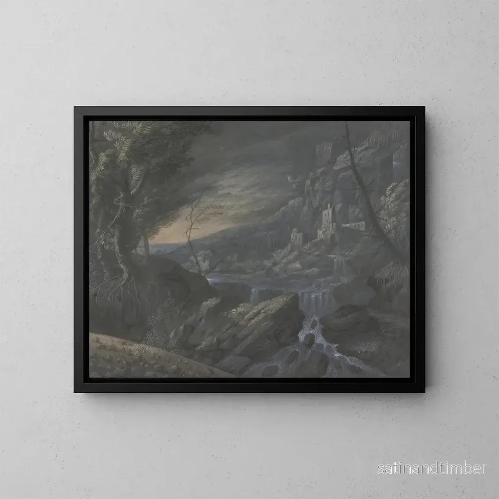 Reproduktion av målningen Landskapsbild av berg med slott - Johann Nikolaus Gassner
