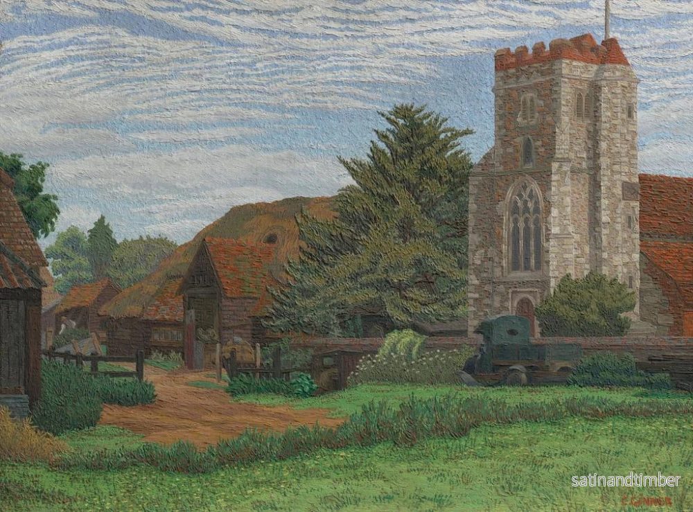Reproduktion av målningen av kyrka och lada i Waltham St Lawrence - Charles Ginner - Bild 2