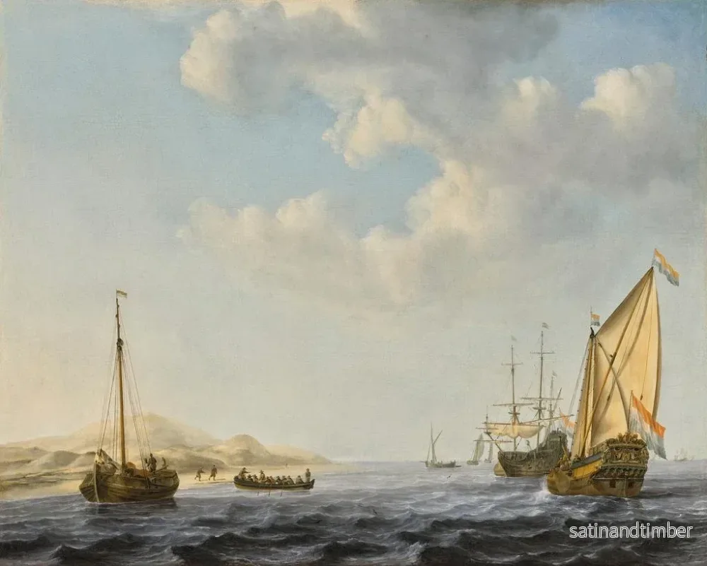 Reproduktion av målningen En yacht från Amsterdamstaterna i förtöjning nära kusten med andra båtar i stormiga vatten - Willem van de Velde den yngre - Bild 2