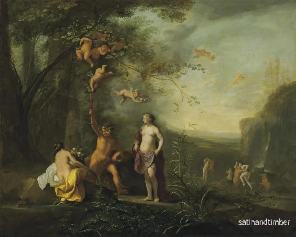 Reproduktion av målningen Bacchus, Venus och Ceres under ett vinranka i ett pastoral landskap med putti, nymfer och satyresser - Cornelis van Poelenburch - Bild 2