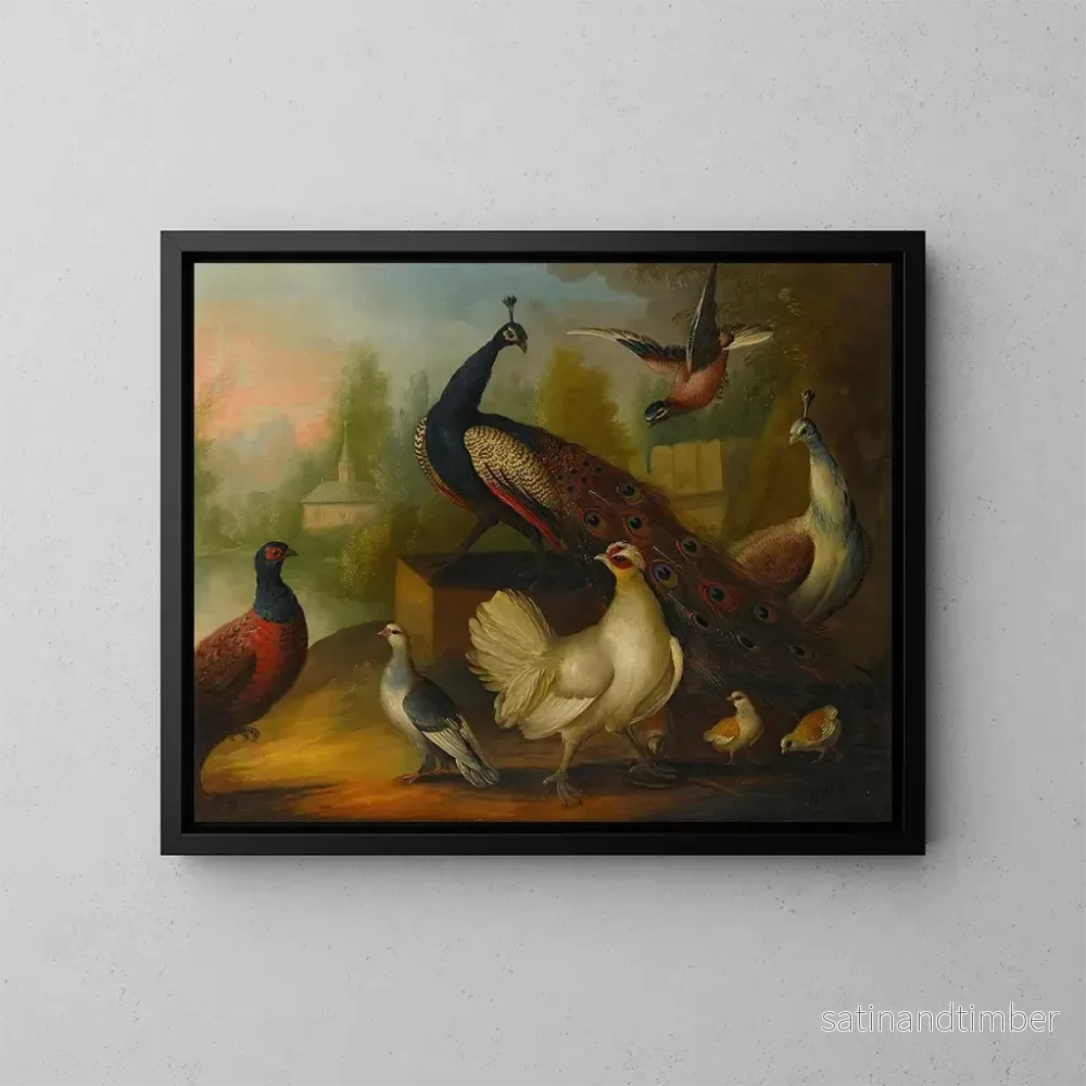 Reproduktion av målningen Paons, poules et autres oiseaux dans un paysage fluvial - Marmaduke Cradock