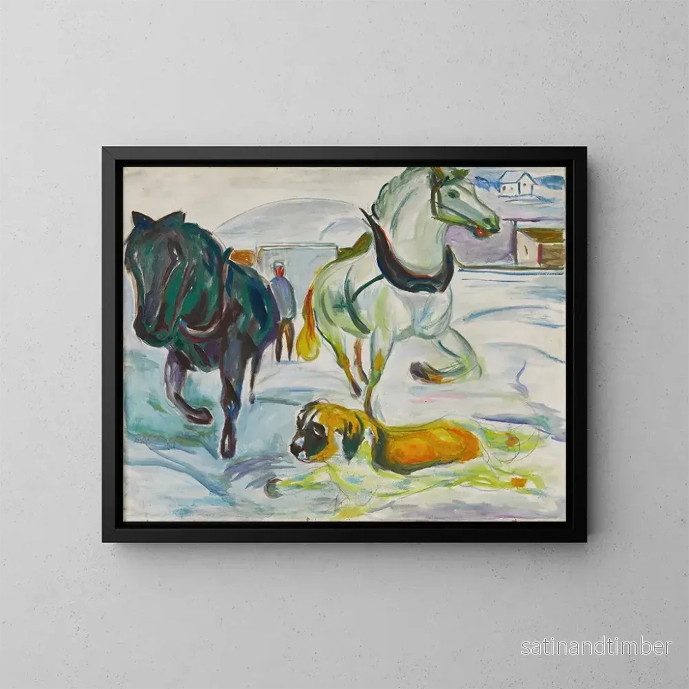 Reproduktion av målningen av hästteam och en Saint-Bernard i snön - Edvard Munch