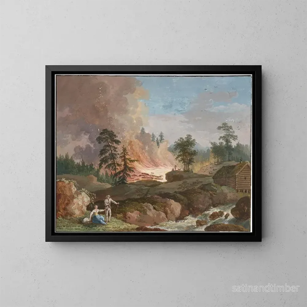 Reproduktion av målningen av ett landskap i Sverige med bönder som bränner ved och ett par som vilar vid en bäck - Jakob Philipp Hackert