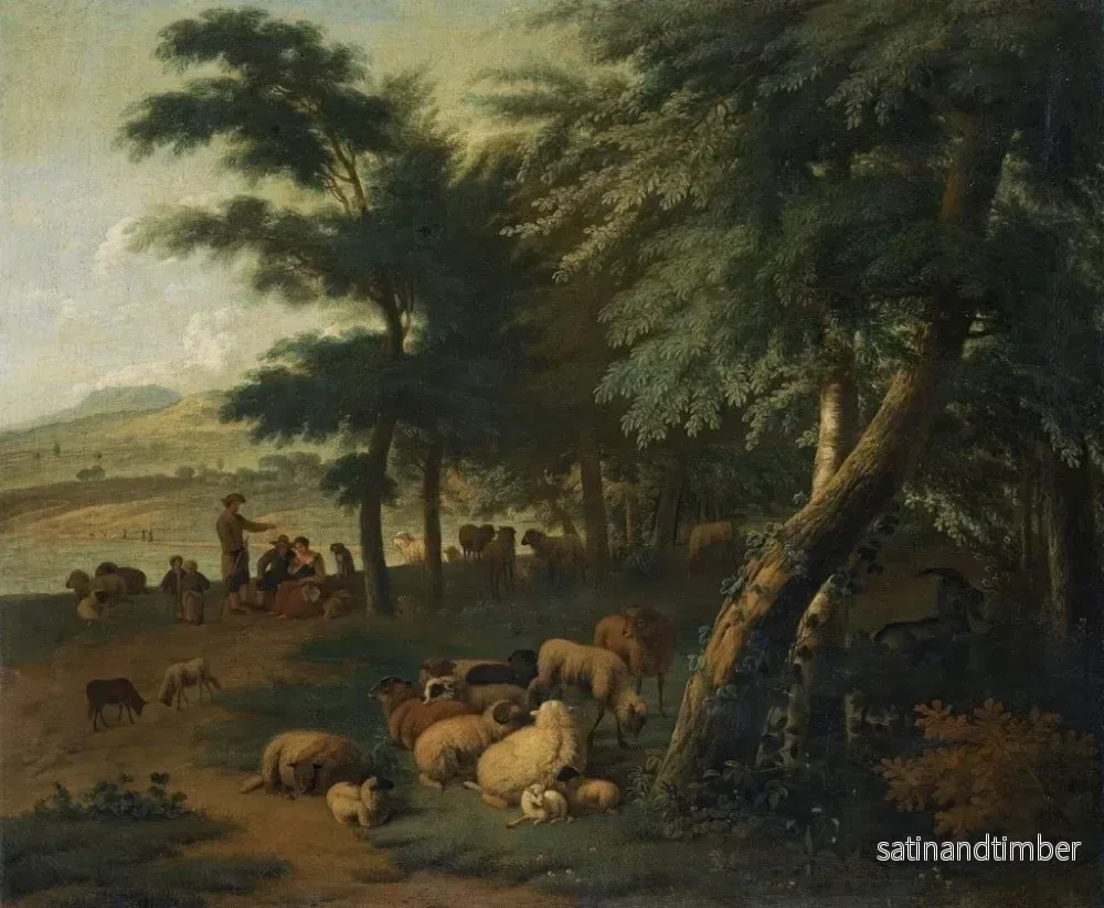 Reproduktion av målningen av bergsängsbetare som vilar med sin hjord vid kanten av en skog - Jan van der Meer le Jeune - Bild 2