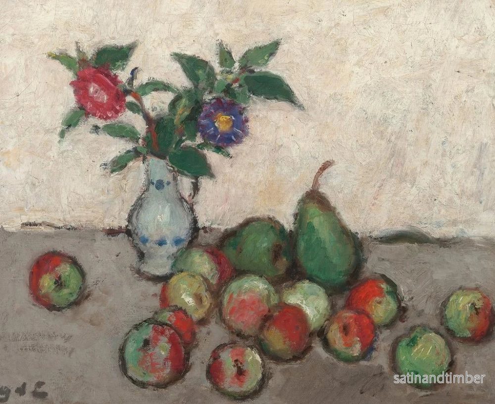 Reproduktion av målningen av stilleben med blommor i en blå och vit vas, äpplen och päron på ett bord - Georges d'Espagnat - Bild 2